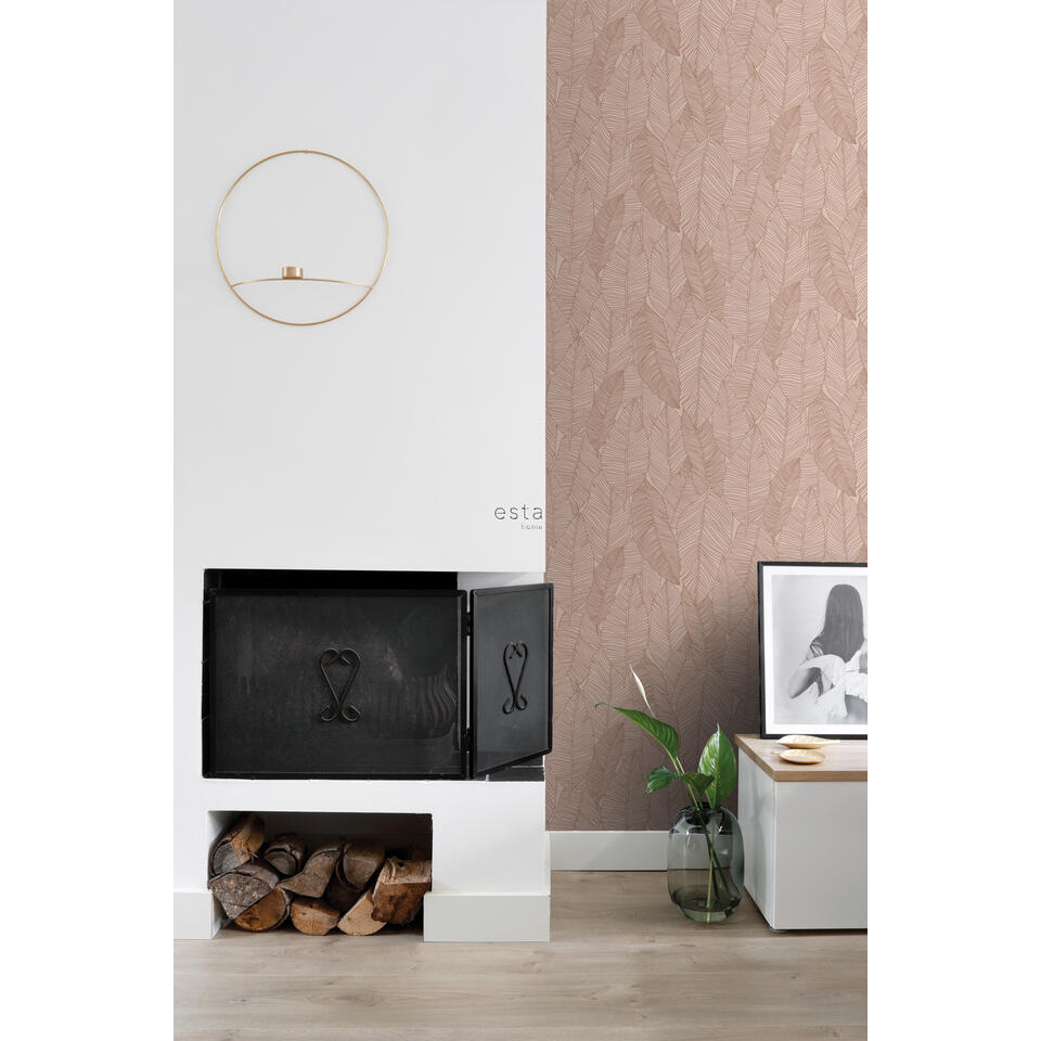 Estahome Behang Getekende Bladeren Terracotta Roze X M