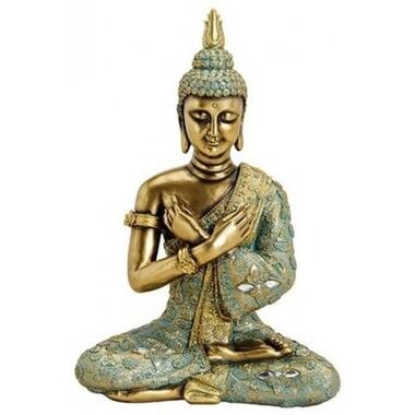 Boeddha beeld - binnen en buiten - polystone - groen en zilver - 33 cm product