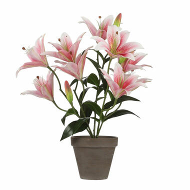Bellatio Design Kunstplant Tijgerlelie - roze - 47 cm - grijze pot product