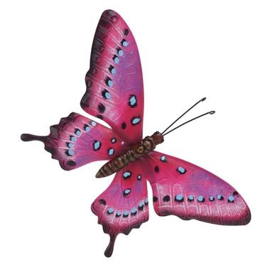 Tuindecoratie muurvlinder - roze en lichtblauw - metaal - 44 cm product