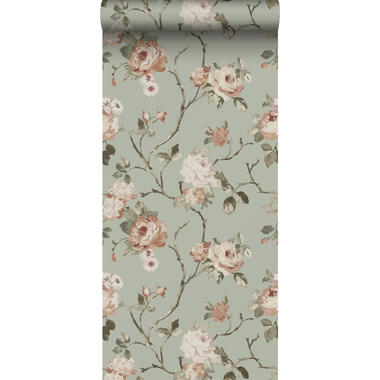 ESTAhome behang - vintage bloemen - vergrijsd mintgroen en zacht roze product