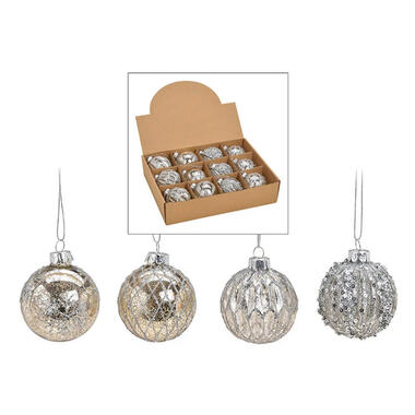 Kerstballen set - 12x stuks - glas - zilver - 6 cm product