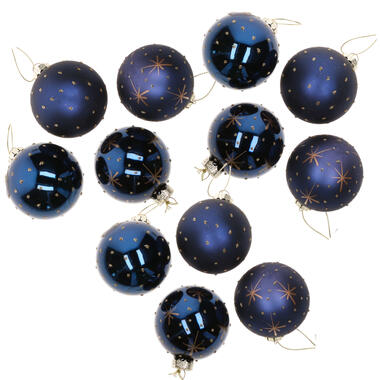 G. Wurm Kerstballen - 12x - blauw - D6 cm - glas - gedecoreerd product