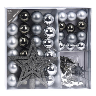 H&S Kerstballen met slingers en piek - 44st - kunststof grijs 4-5 cm product
