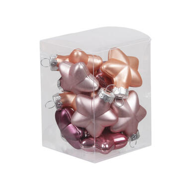 Bellatio decorations Kerstballen - 12x - cherry roze - sterren - glas product