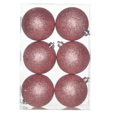 Cosy & Trendy Kerstballen - 6 stuks - roze - glitter - 8 cm product