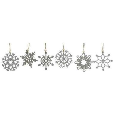 Kersthangers - 6 stuks - sneeuwvlokken - zilverkleurig - hout - 6 cm product