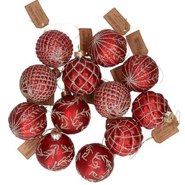 Decoris Kerstballen - 12x - rood - glas - goud decoratie - 6 cm product