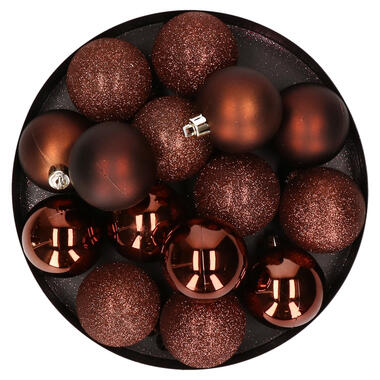 Cosy & Trendy Kerstballen - 12x - donkerbruin - mat/glans/glitter product