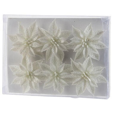 Cosy & Trendy Kerstboomversiering - 6 stuks - wit - glitter - bloemen product