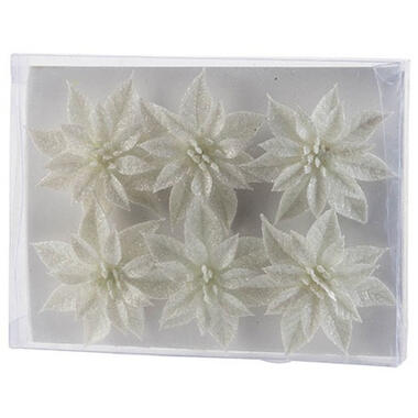 Cosy & Trendy Bloemen op clip - 6x - wit - glitter -8 cm product