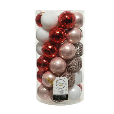 Decoris kerstballen - 37x st - lichtroze/rood/wit - 6 cm - kunststof product