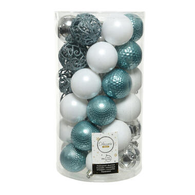 Decoris Kerstballen set - 37-delig - zilver - wit - ijsblauw - 6 cm product