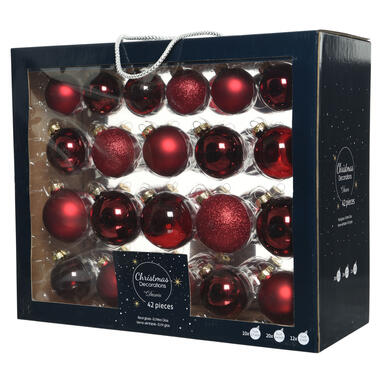 Decoris Kerstballen - 42x - donkerrood - glans - mat - glitter - mix product