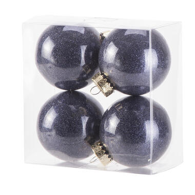 Cosy & Trendy Kerstballen - 4 stuks - kunststof - donkerblauw - glitter - 8 cm product