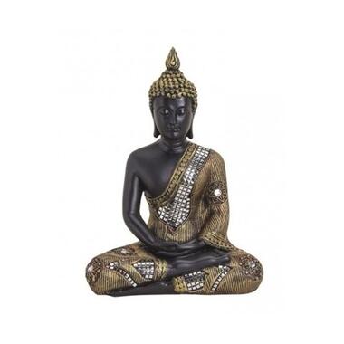 Boeddha beeld - zwart met goudkleurig - zittend - polystone - 27 cm product