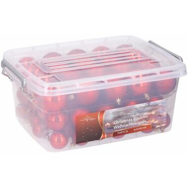 Kerstballen - 70x - rood - in opbergbox - mix product