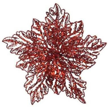 Bellatio Decorations Kersthangers - 23 cm - glitter bloem - rood product