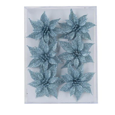Cosy & Trendy Kersthangers - 6x - bloemen ijzerdraads - glitter - ijsblauw product