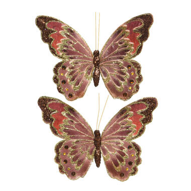Decoris Kersthangers - 2 stuks - vlinders - glitter - bruin - 18 cm product