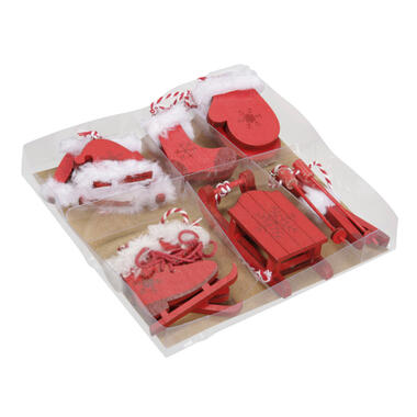 Bellatio decorations Kersthangers - 6 st - hout - rood - wintersport product