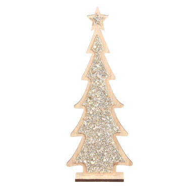 Bellatio decorations Kerstboom - hout - glitter - zilver - 35 cm product