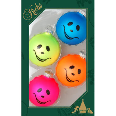 Krebs Kerstballen - 4 stuks - neon smiley - glas - 7 cm product