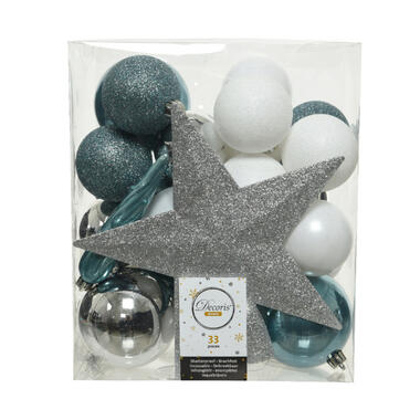 Decoris kerstballen - 34-dlg - zilver/ijsblauw/wit - kunststof product