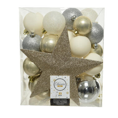 Decoris kerstballen - 34-dlg - champagne/zilver/wit - kunststof product