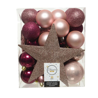 Decoris kerstballen - 34-dlg - roze tinten - kunststof product