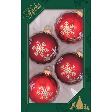 Krebs Kerstballen - 4 stuks - rood met sneeuwvlok - glas - 7 cm product