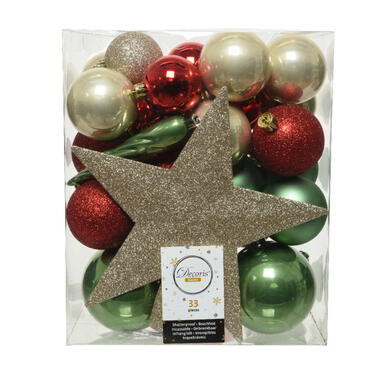 Decoris kerstballen - 34-dlg - champagne/rood/groen - kunststof product