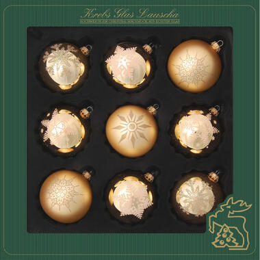 Krebs Kerstballen - 9 stuks - goud - gedecoreerd - glas - 7 cm product