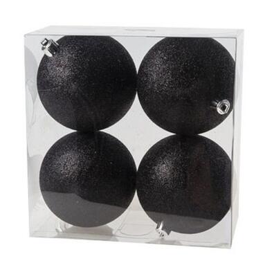 Cos & Trendy Kerstballen - 4 stuks - zwart - glitter - 10 cm product