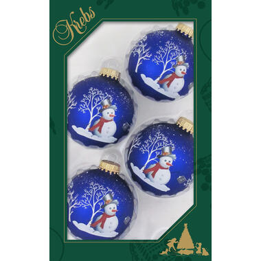 Krebs Kerstballen - 4 stuks - blauw - sneeuwpop - glas - 7 cm product