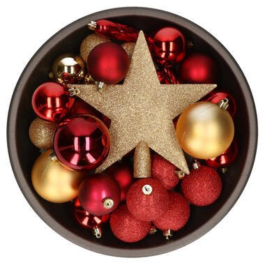 Bellatio Decorations kerstballen - 34-dlg - goud/rood - kunststof product