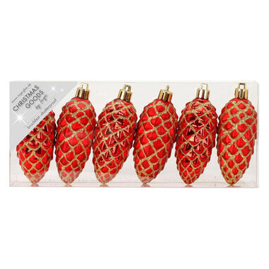 Inge Christmas goods Kersthangers - 6 stuks - dennenappels - rood - 9 cm product