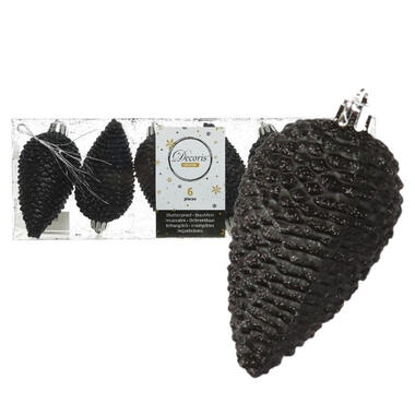 Decoris Kerstballen - 6ST - zwart - dennenappels - glitter - 8 cm product