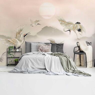 Fotobehang Kraanvogels in pastel - 260x384cm - Beige product