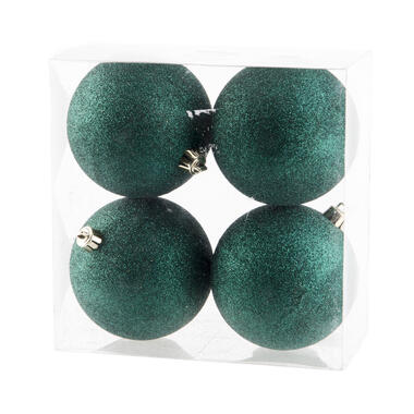 Cosy & Trendy Kerstballen - 4 stuks - donkergroen - glitters - 10 cm product