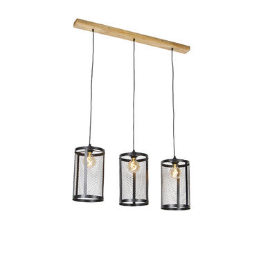 QAZQA IndustriÃ«le hanglamp zwart met hout 3-lichts - Cage Robusto product