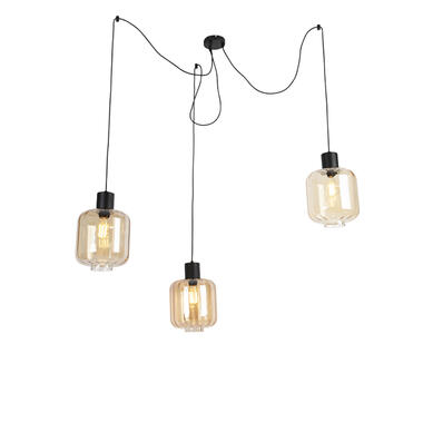 QAZQA Design hanglamp zwart met amber glas 3-lichts 226 cm - Qara product