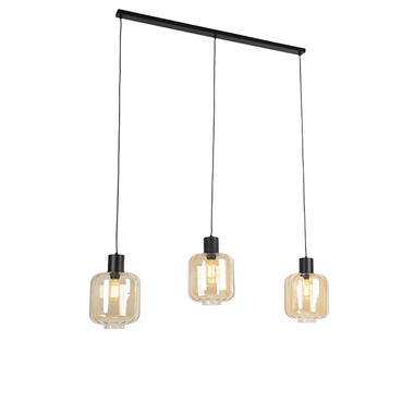 QAZQA Design hanglamp zwart met amber glas 3-lichts 161,5 cm - Qara product