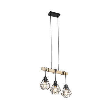QAZQA Landelijke hanglamp zwart met hout 3-lichts - Chon product