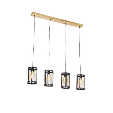 QAZQA IndustriÃ«le hanglamp zwart met hout 4-lichts - Cage Robusto product