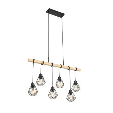 QAZQA Landelijke hanglamp zwart met hout 6-lichts - Chon product
