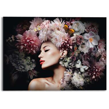 Glasschilderij Vrouw met bloemenhoed 50x70 cm Bont Acryl product