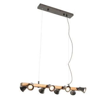 QAZQA Landelijke hanglamp zwart met hout 8-lichts - Jelle product