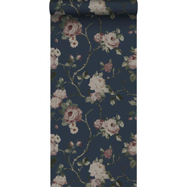 ESTAhome behang - vintage bloemen - donkerblauw en oudroze - 0.53 x 10.05 m product