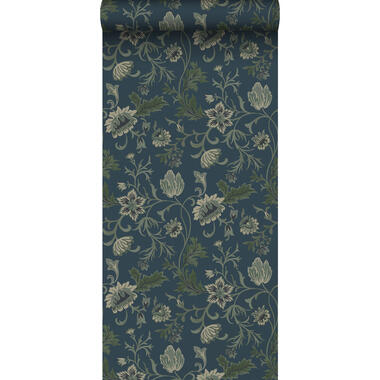 ESTAhome behang - vintage bloemen - donkerblauw en groen - 0.53 x 10.05 m product